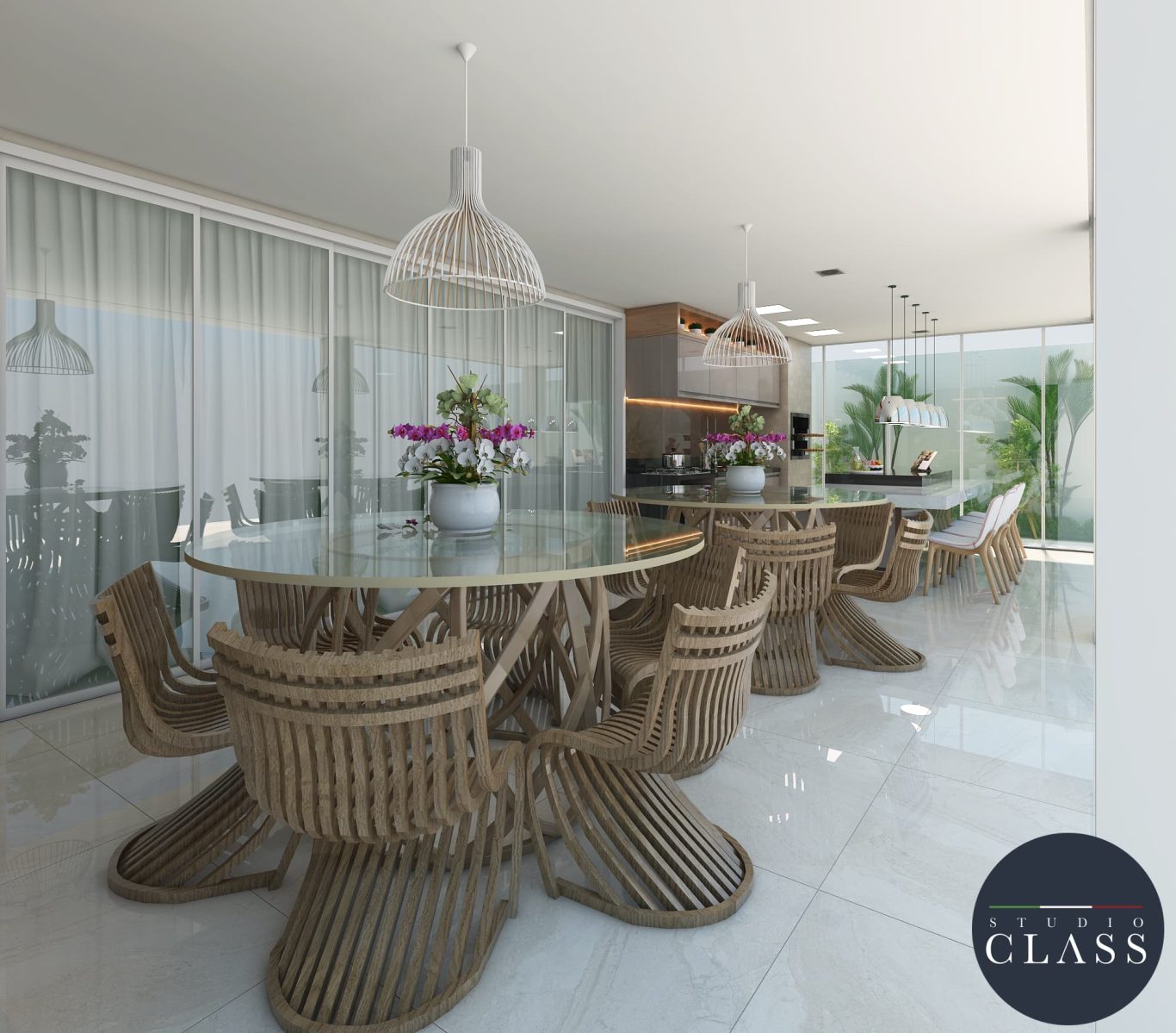 Área Gourmet Estilo Neoclássica com Mármore e Luminárias Pendentes