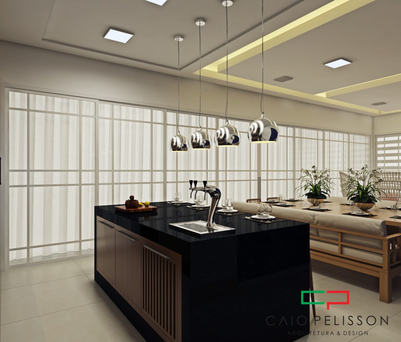 Área Gourmet Neoclássica com Bancada de Mármore