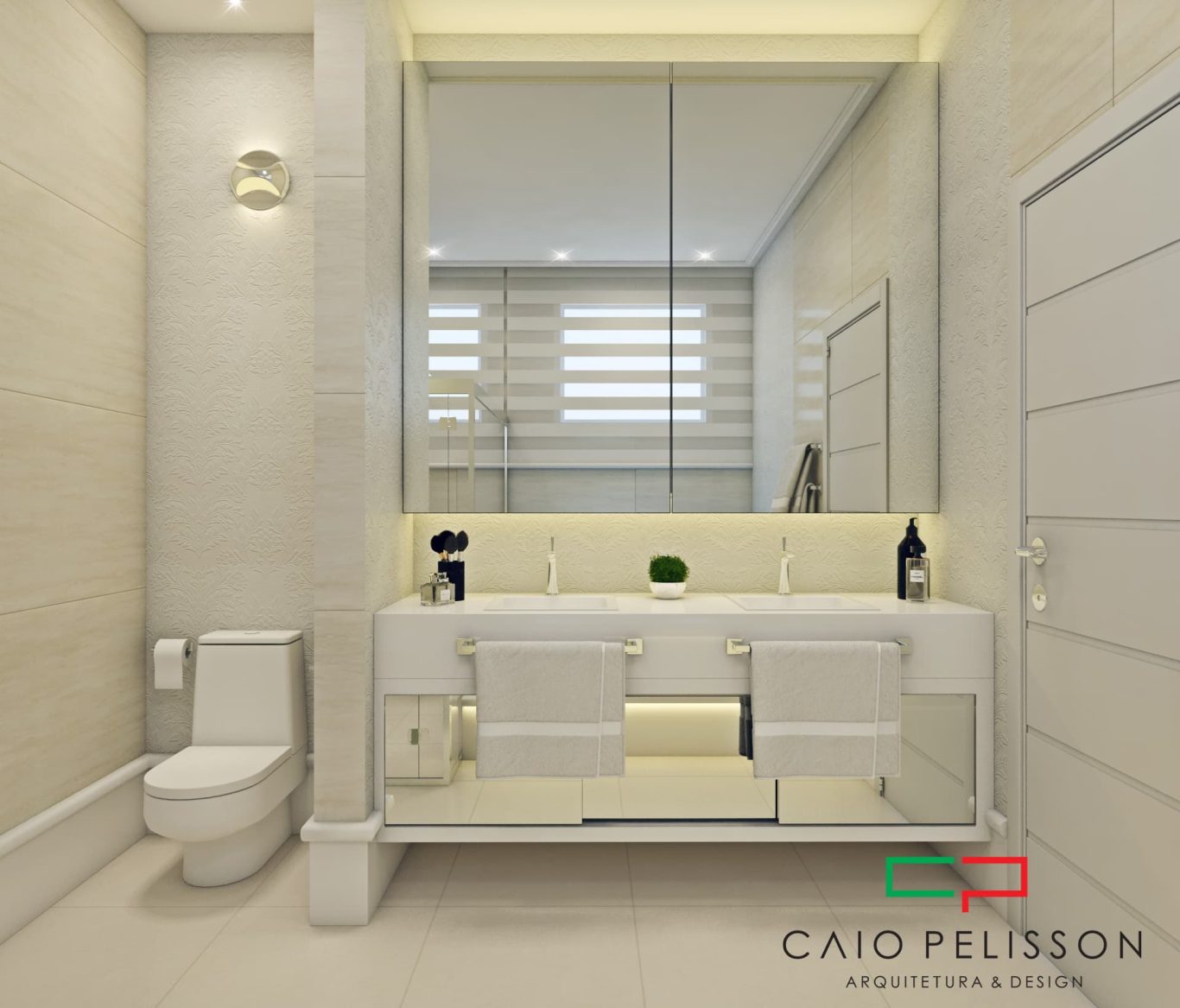 Banheiro com Cores Claras e Iluminação Embutida