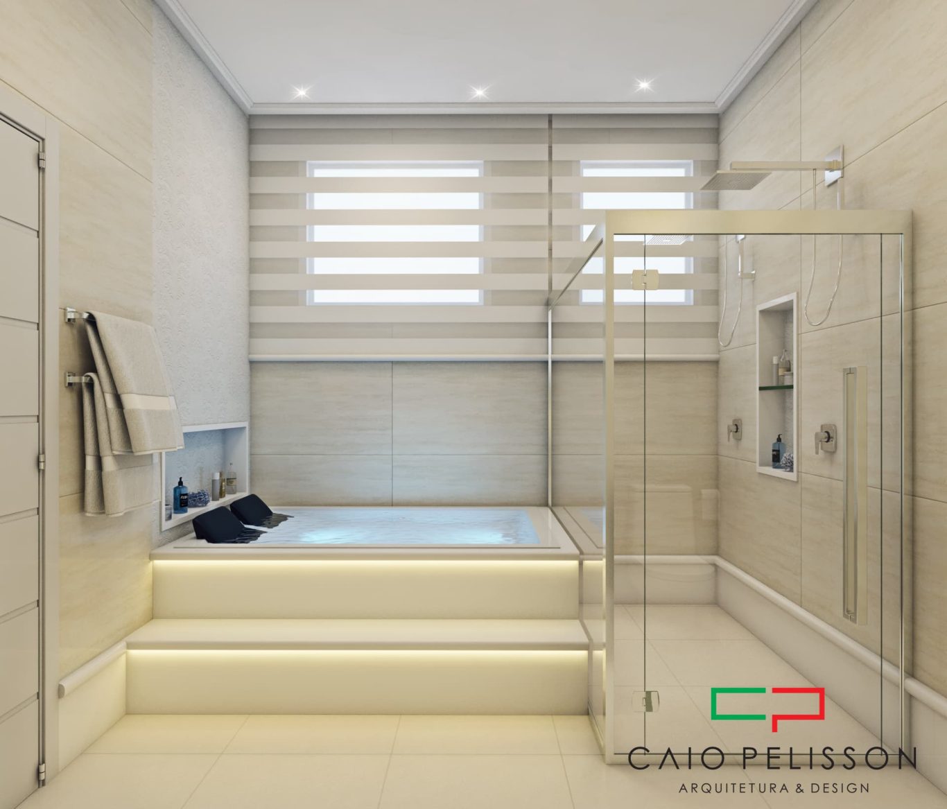 Banheiro com Cores Claras e Iluminação Embutida