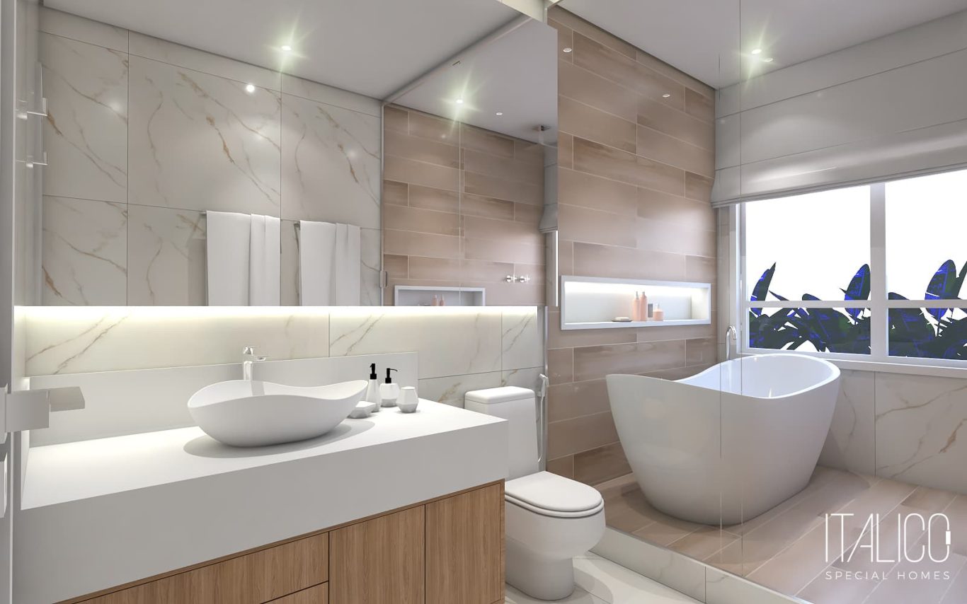 Banheiro Estilo Neoclássico com Iluminação Embutida