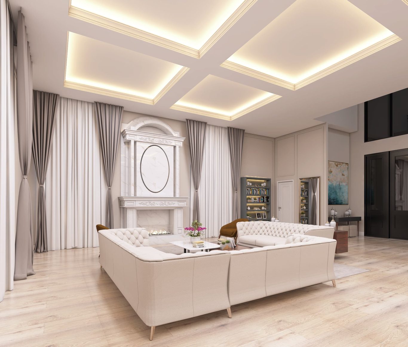 Sala com Luz Embutida e Lareira em Mármore