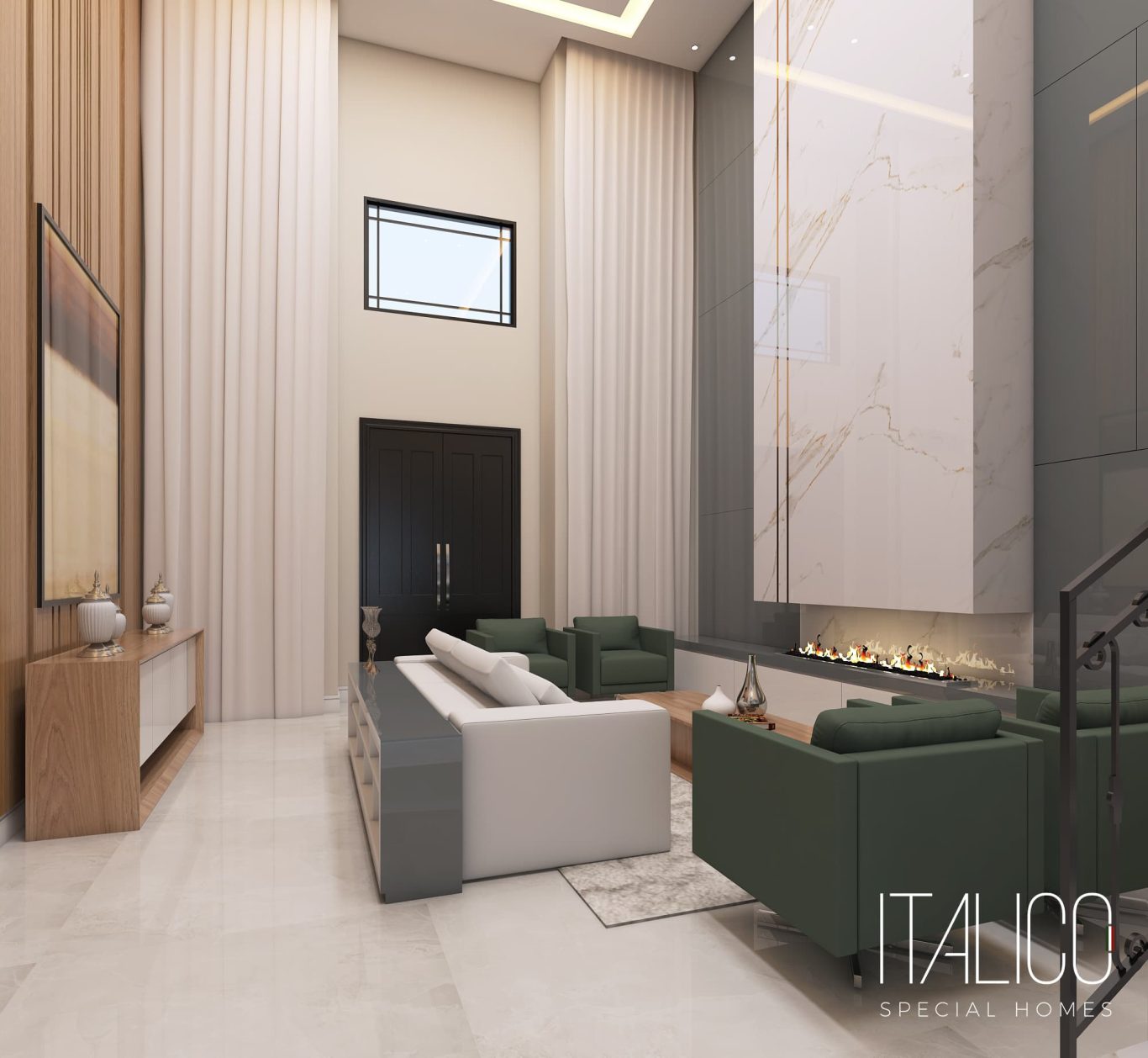 Sala Estilo Clássica com Pé Direito Alto e Lareira em Mármore