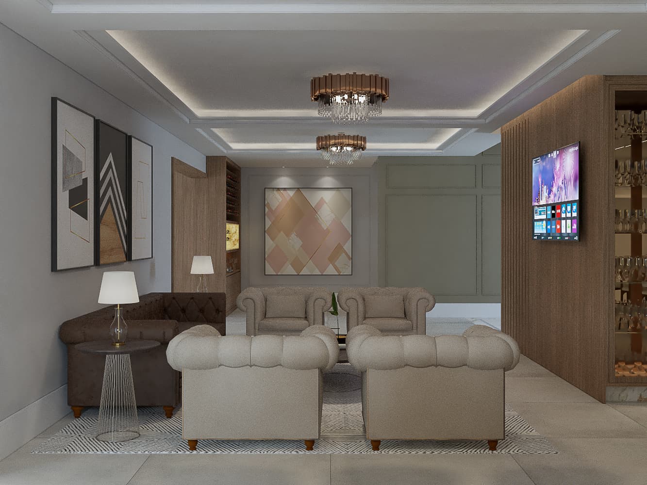 Sala Refinada com Luzes Embutida e Lustre