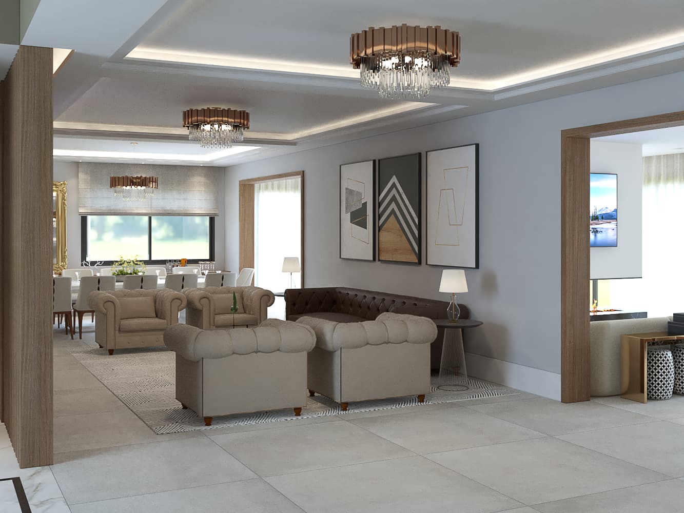 Sala Refinada com Luzes Embutida e Lustre