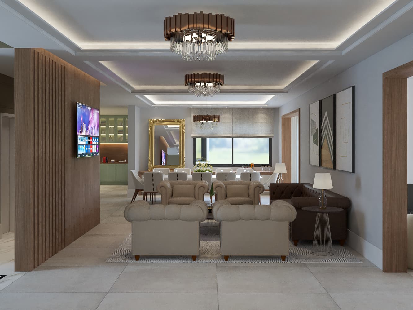 Sala Refinada com Luzes Embutida e Lustre