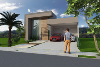 projeto 140m2 casa térrea fachada moderna linhas retas pedireito alto terreno 10×25 condominio vila daquila frente quadrada