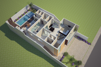 projeto planta casa 250m2 3 suítes terreno 10×25 aclive fundo mais alto desnível fachada moderna