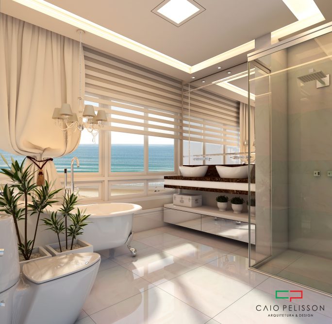 projeto decoração design interiores estilo classico padrao americano em apartamento no Guarujá praia pitangueiras banheiro suite master casal