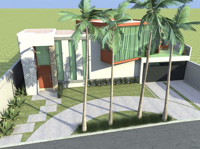 projeto casa térrea mezanino fachada moderna terreno 20x25 500 metros 03 suítes condomínio barra lago Jaguariúna formato u volumes deslocado portao