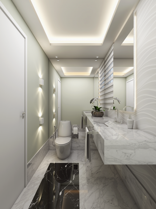 projeto reforma lavabo moderno pedra branca preta marmore carrara iluminacao arquiteto decoradora