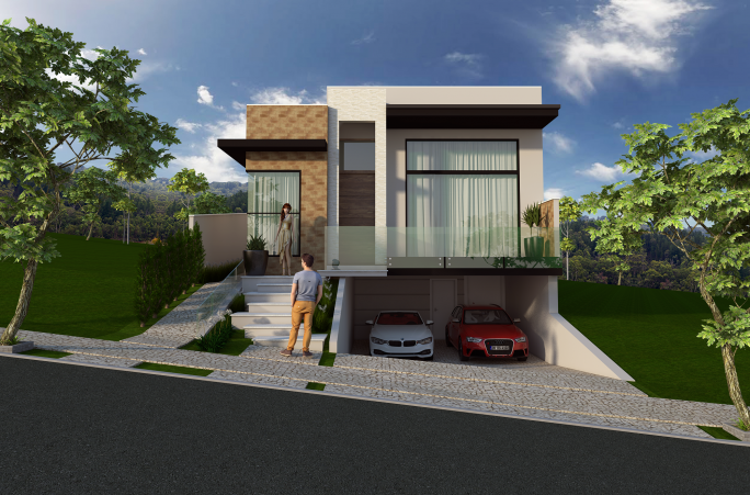projeto casa térrea alto padrão planta fachada moderna terreno 10x30 garagem subterrânea
