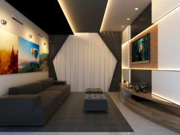 Sala de TV integrada com sala de jantar e cozinha. Ambiente aconchegante com temática de veraneio.
