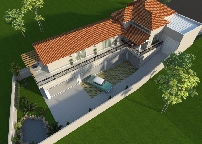 projeto casa neoclassica estilo americano telhado aparente terreno declive