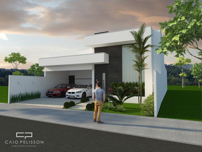 projeto planta residencial casa terrea fachada moderna branca pe direito alto terreno 12x25 pira