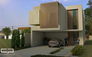 Casa contemporânea utilizando volumes na fachada com elementos como a madeira e o concreto. Terreno 12×30.