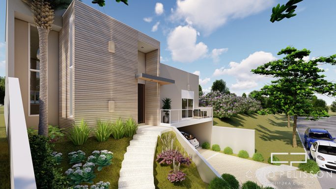 Planta Casa Terrea Terreno Aclive 12x30 Condominio Fundo Alto com Desnivel 3 suites Fachada Moderna