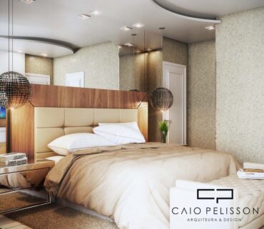 Quarto casal com cabeceira em capitonê, elementos cinza, papel de parede e complementos em veludo.