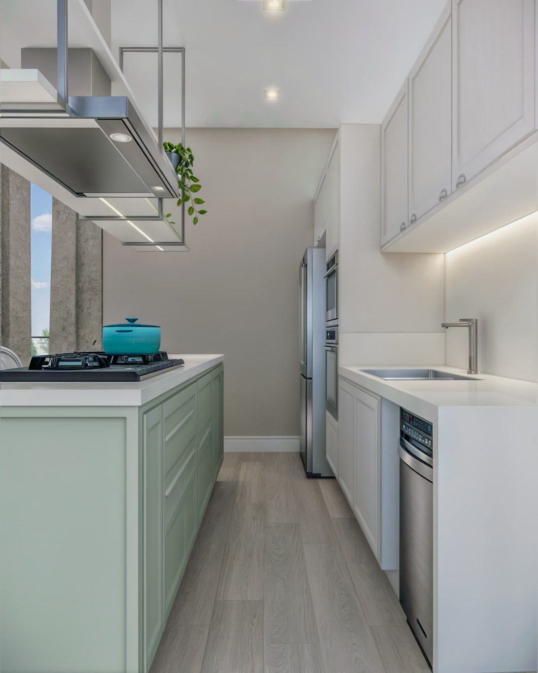 Cozinha Clássica com Bancada de Mármore Branco e Marcenaria com Moldura