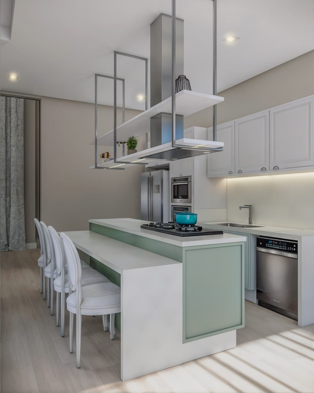 Cozinha Clássica com Bancada de Mármore Branco e Marcenaria com Moldura