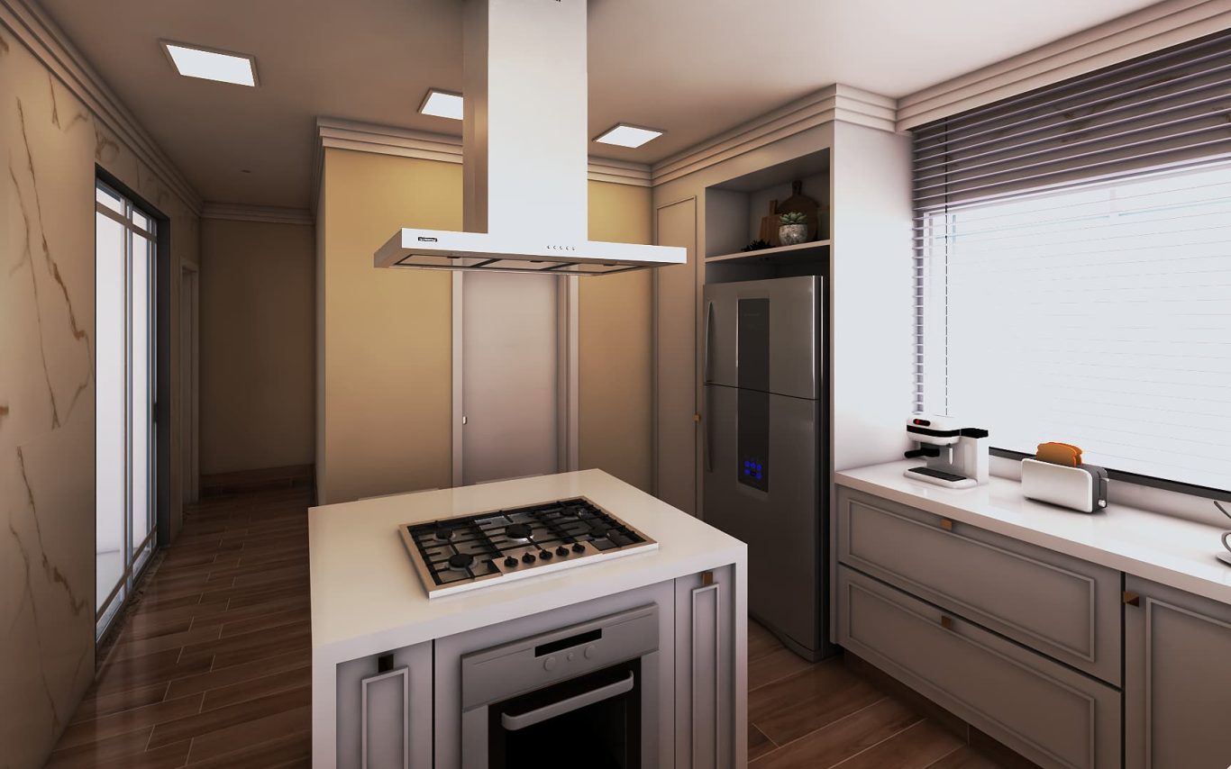 Cozinha Estilo Clássico com Ilha Esculpida e Acabamento em Mármore Branco