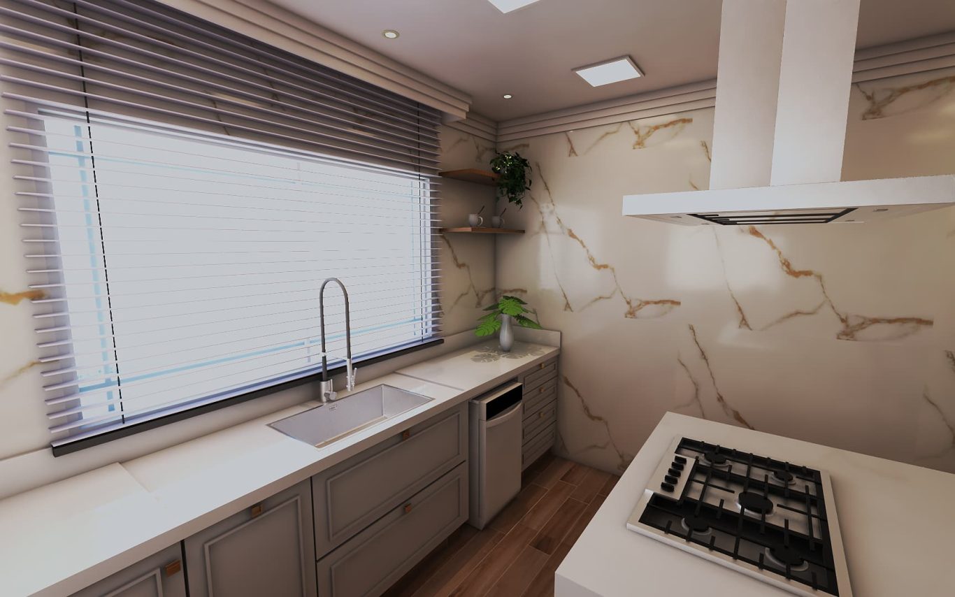 Cozinha Estilo Clássico com Ilha Esculpida e Acabamento em Mármore Branco