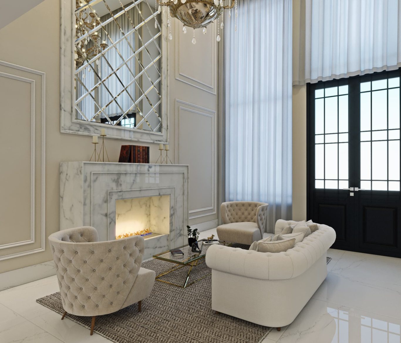 Sala Estilo Clássica com Lareira Esculpida em Mármore e Lustre