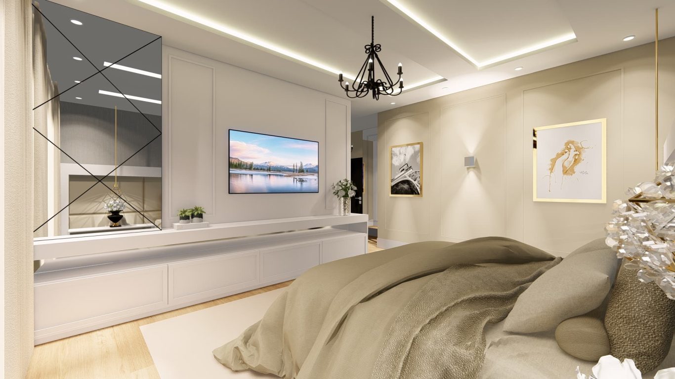 Suíte Clássica com Iluminação Suave e Elementos de Decoração