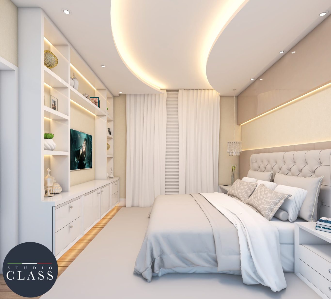 Suíte Estilo Neoclássica com Cores Neutras e Lustre Sofisticado