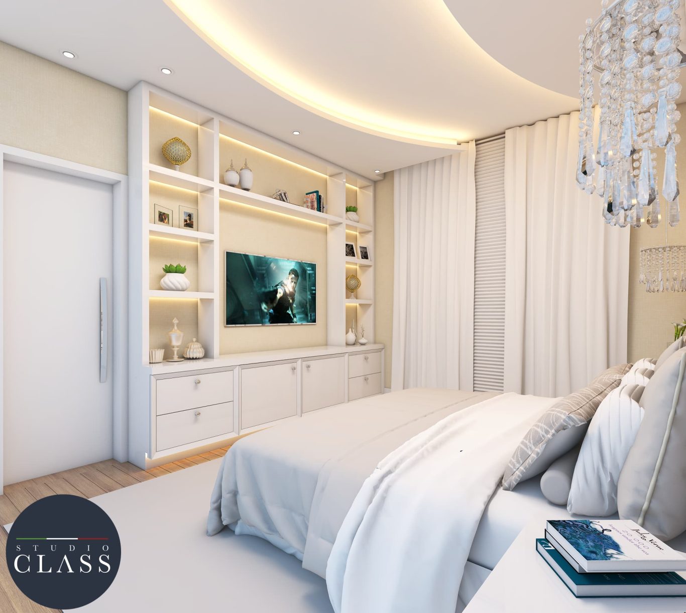 Suíte Estilo Neoclássica com Cores Neutras e Lustre Sofisticado