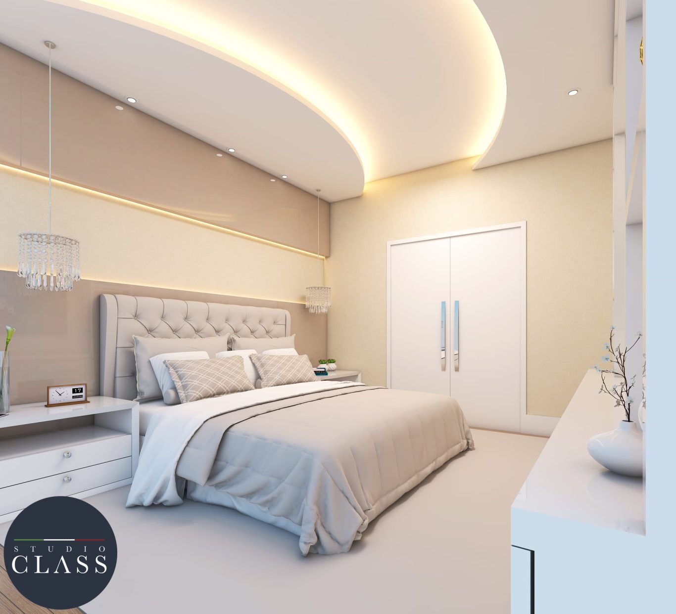 Suíte Estilo Neoclássica com Cores Neutras e Lustre Sofisticado