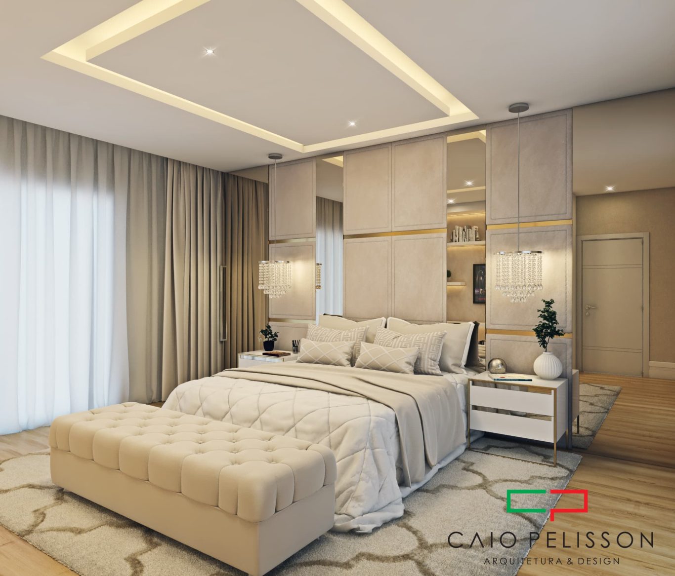 Suíte Neoclássica com Cores Suaves e Detalhe em Lustre de Cristal