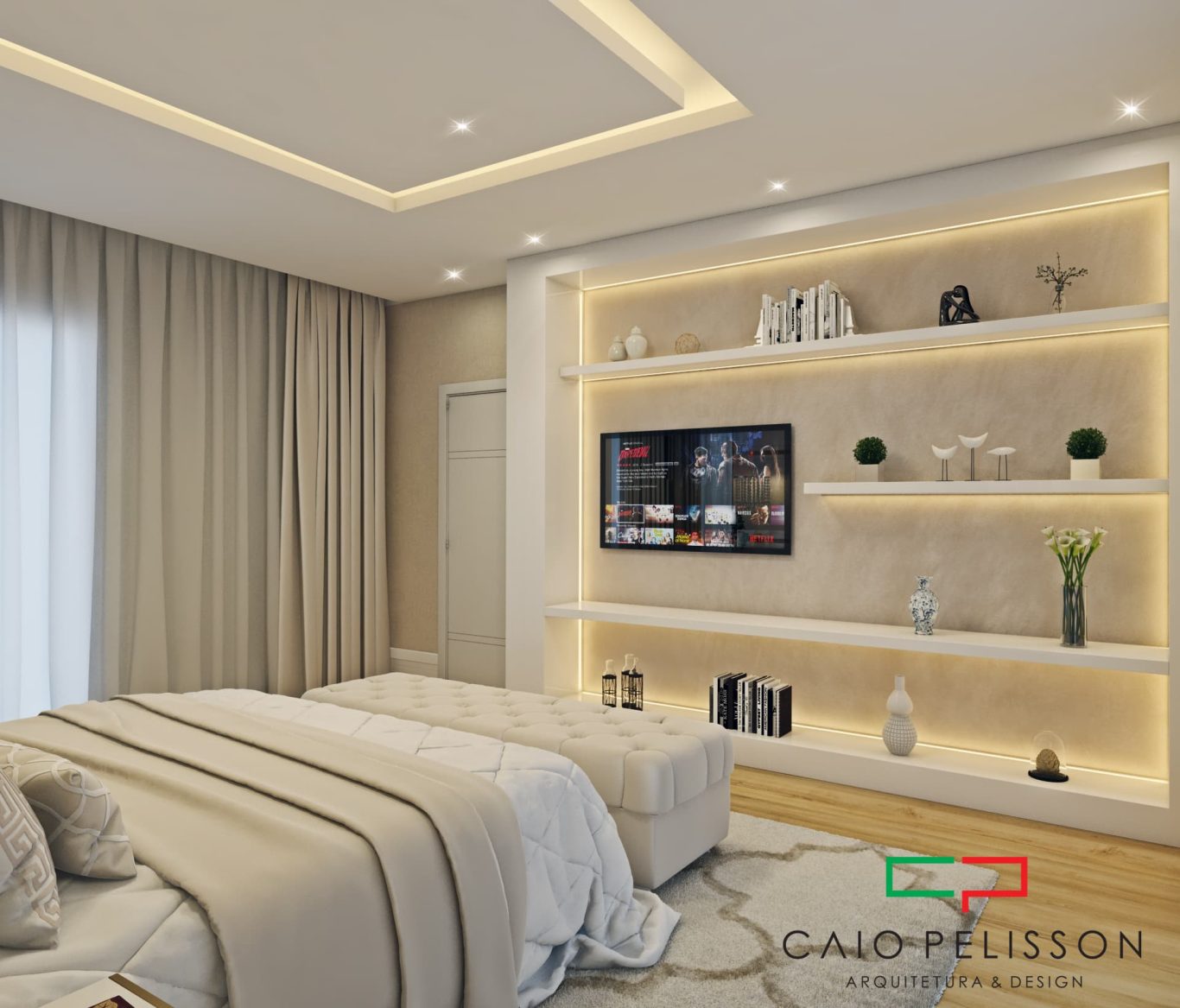 Suíte Neoclássica com Cores Suaves e Detalhe em Lustre de Cristal