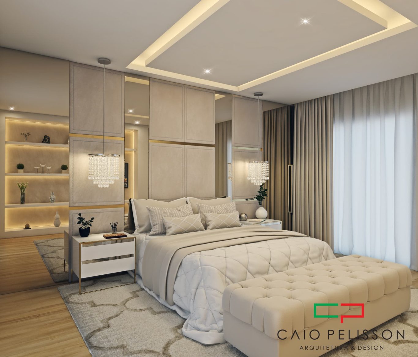 Suíte Neoclássica com Cores Suaves e Detalhe em Lustre de Cristal