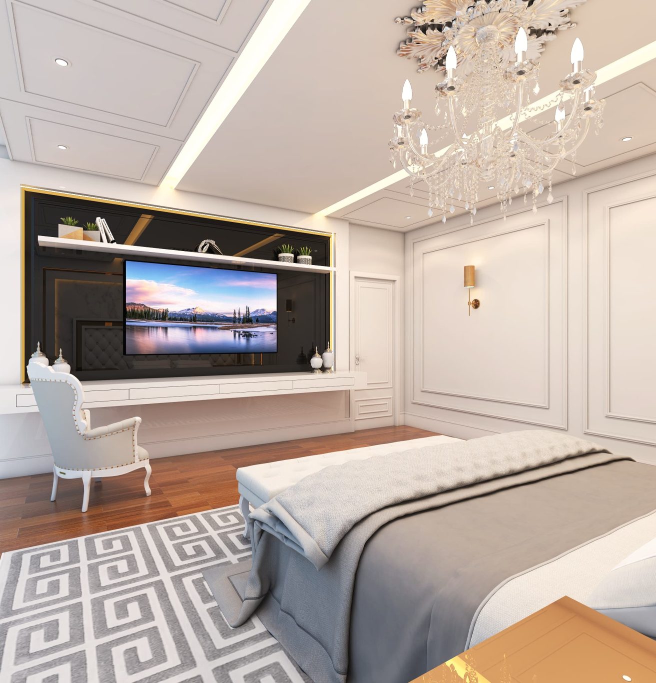 Suíte Neoclássica com Decoração em Cores Neutras