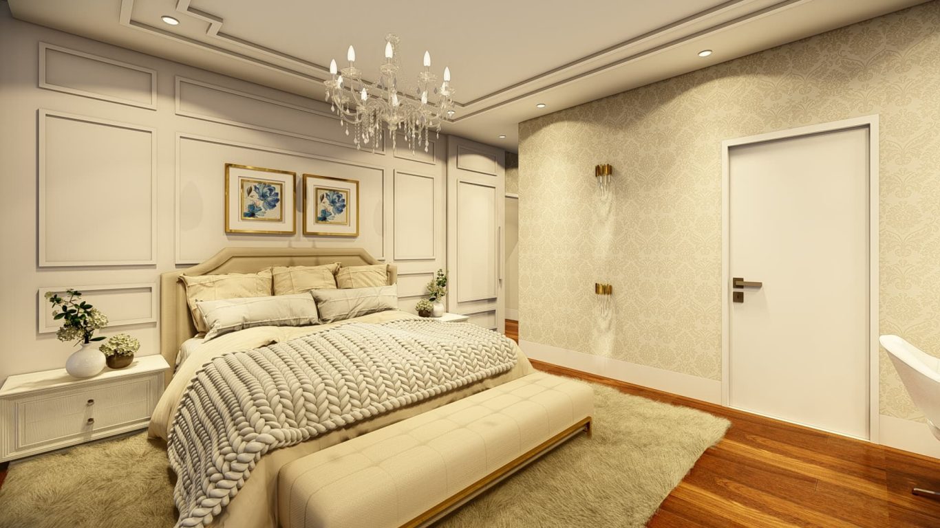 Suíte Neoclássica com Tons Neutros e Lustre Ornamentado