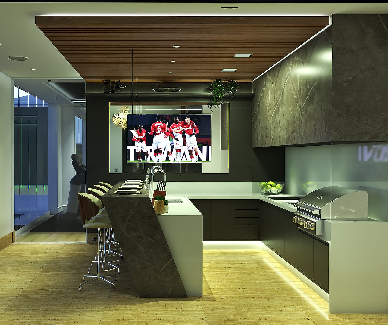 Área Gourmet com Balcão de Mármore e Acabamento Neoclássico