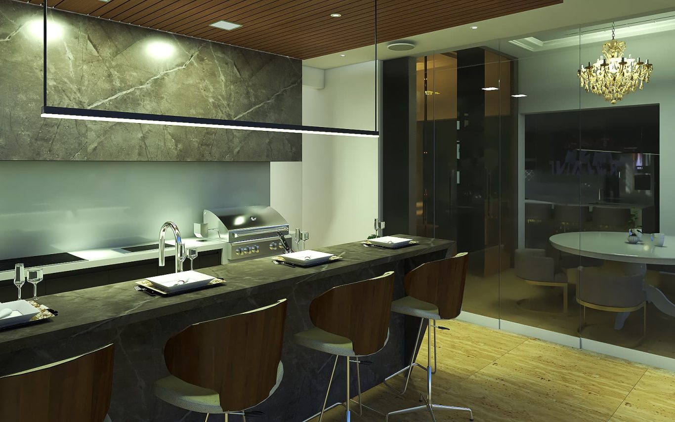 Área Gourmet com Balcão de Mármore e Acabamento Neoclássico