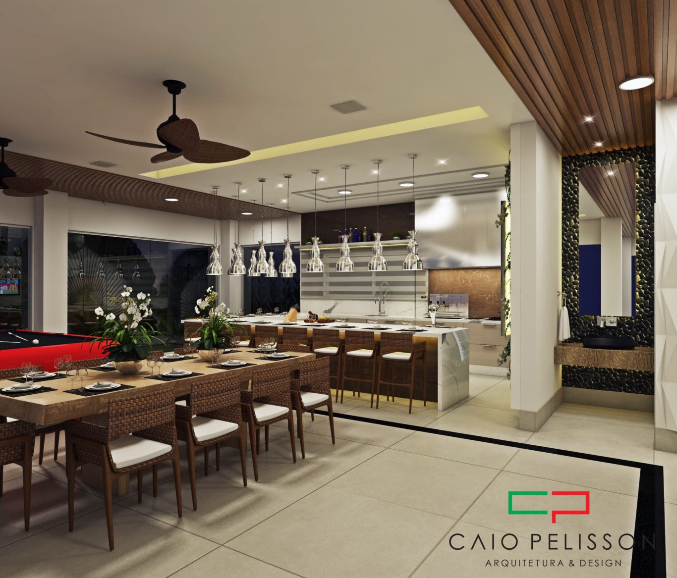 Área Gourmet com Bancada Clara e Luminárias Pratas