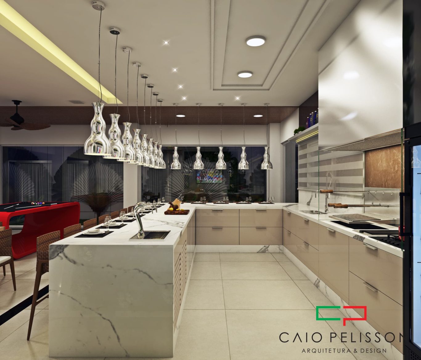 Área Gourmet com Bancada Clara e Luminárias Pratas