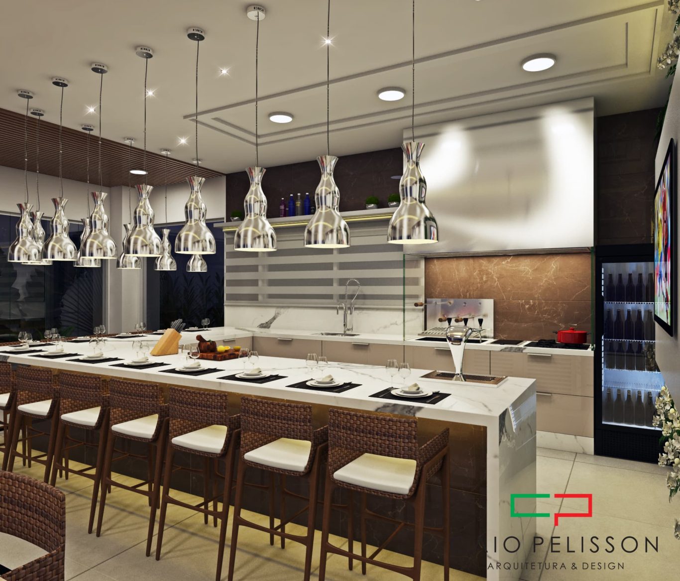 Área Gourmet com Bancada Clara e Luminárias Pratas