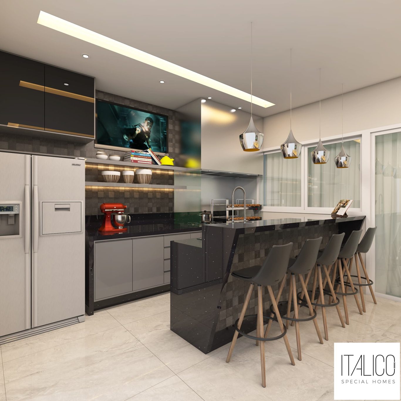 Área Gourmet Estilo Neoclássica com Luminárias Pendentes