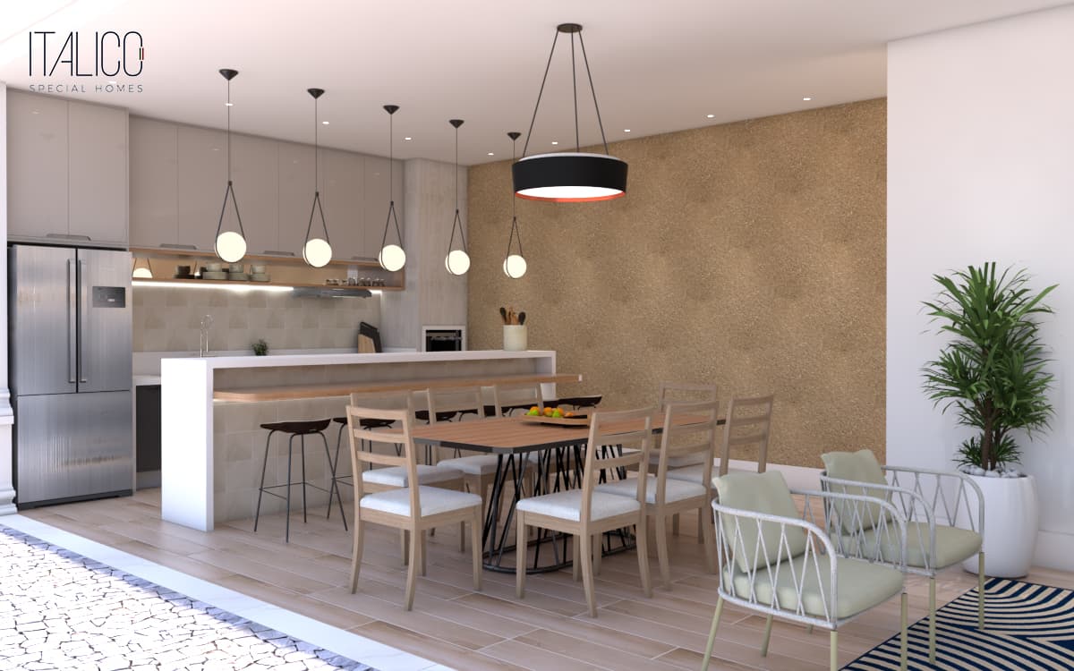 Área Gourmet Neoclássica Refinada com Luminárias Pendentes