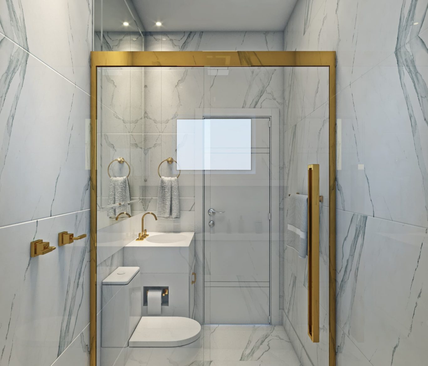 Banheiro com Mármore Branco e Detalhes Dourados