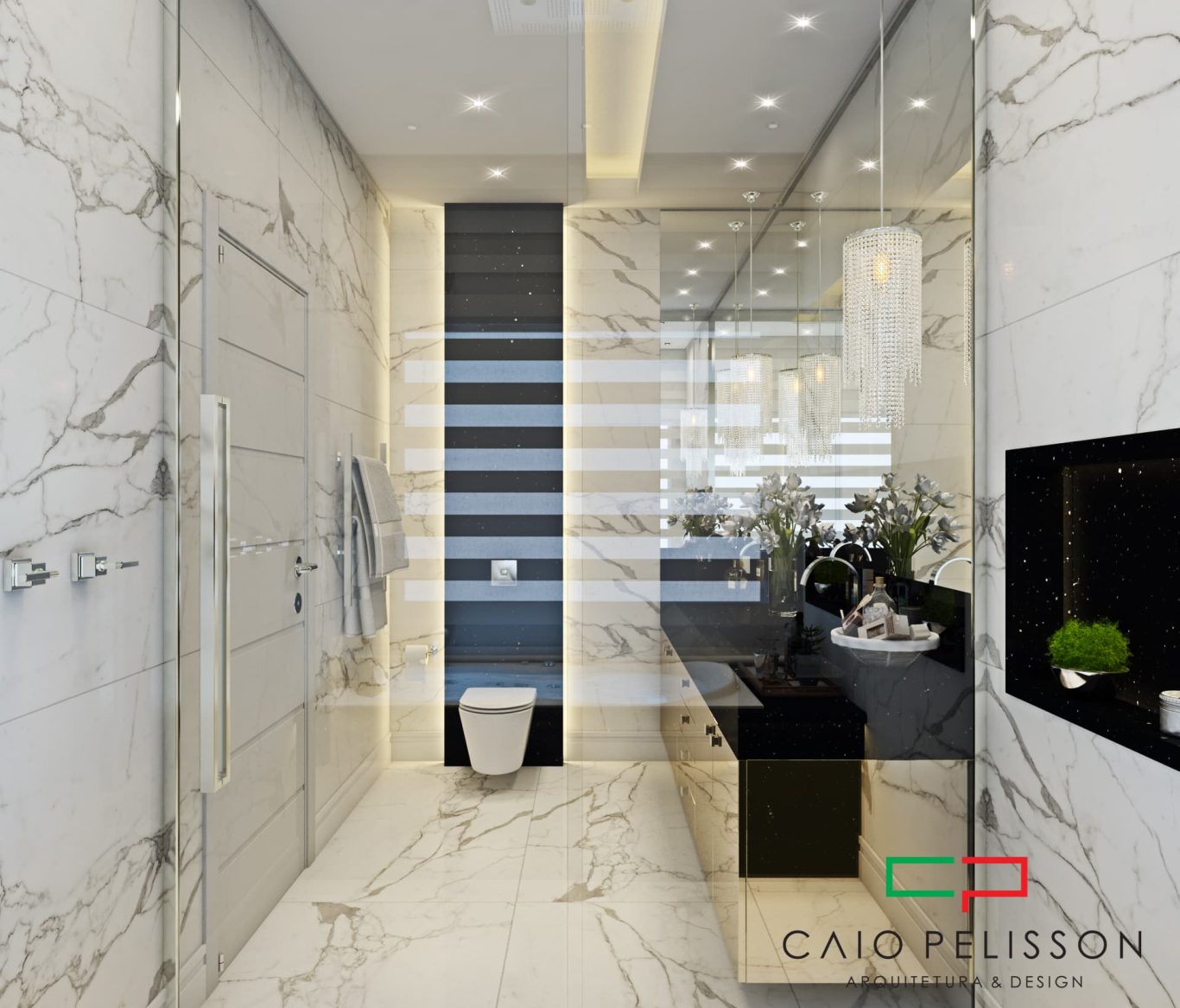 Banheiro com Mármore e Luminárias Elegantes
