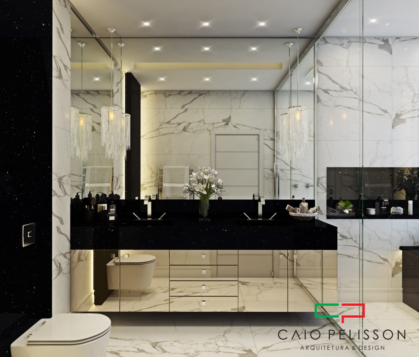 Banheiro com Mármore e Luminárias Elegantes