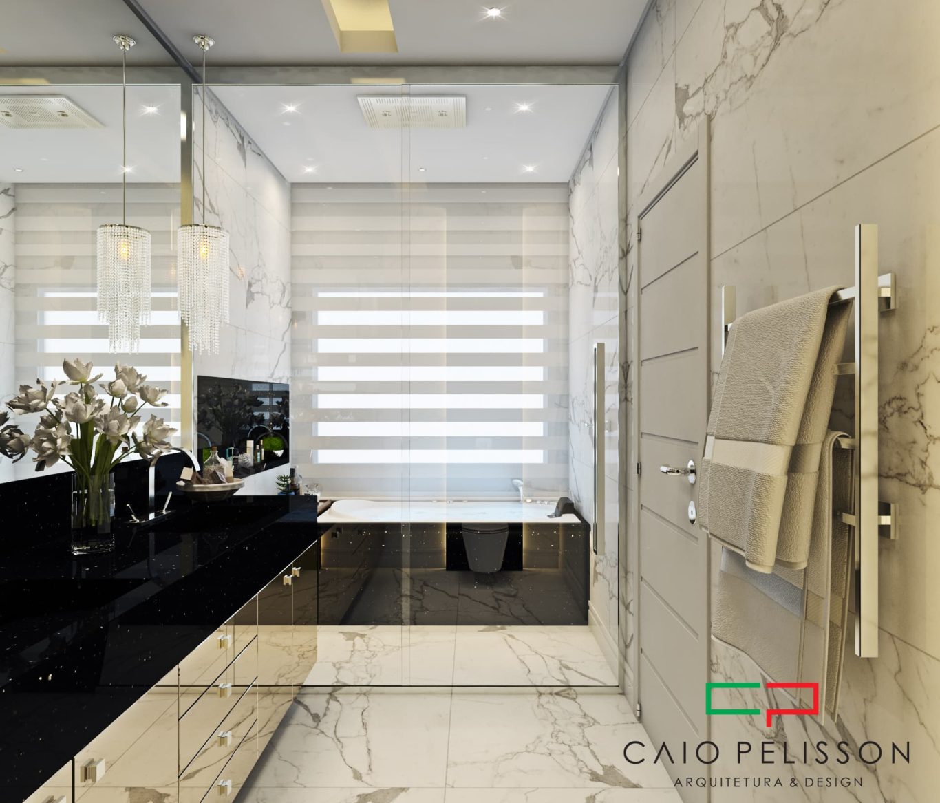 Banheiro com Mármore e Luminárias Elegantes