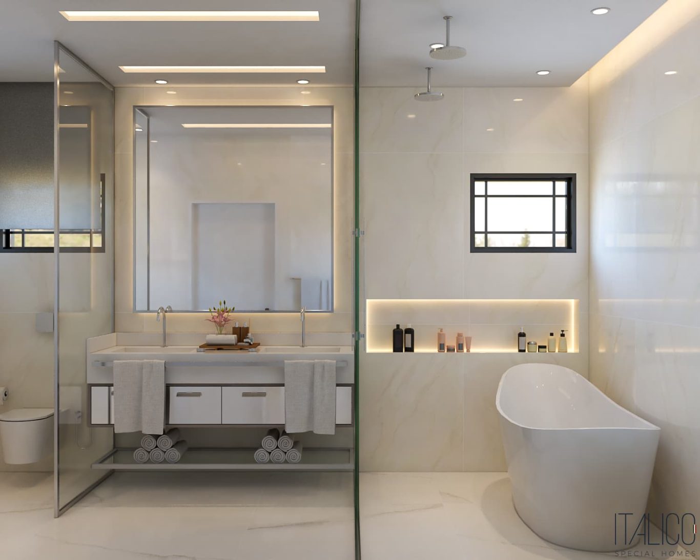 Banheiro com Mármore e Luminárias Embutidas