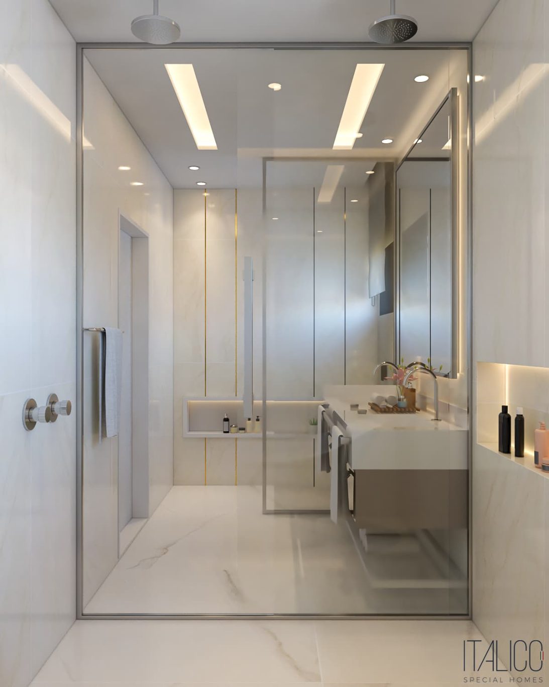 Banheiro com Mármore e Luminárias Embutidas