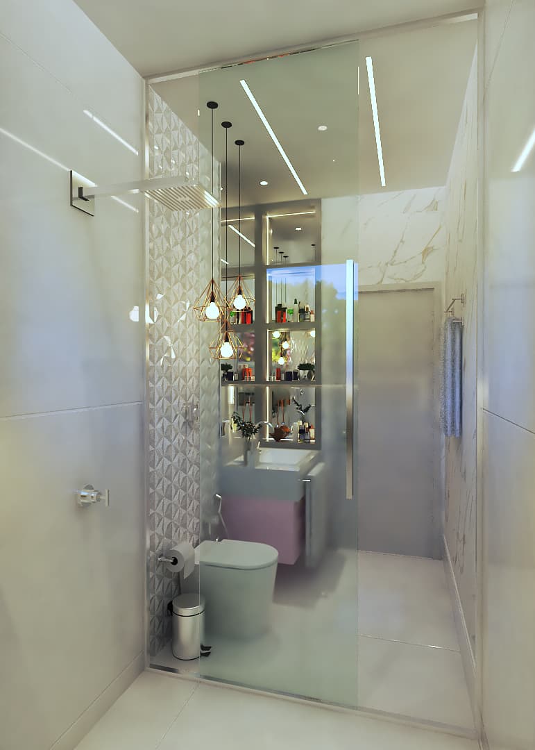Banheiro Elegante com Mármore e Luminárias